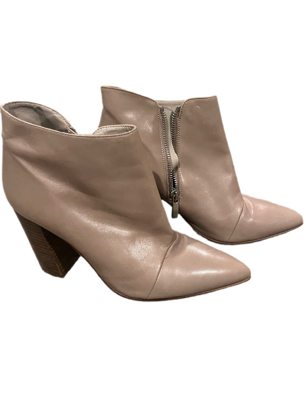 Zara Basic Pointed Toe Stacked Heel Zip Ankle Boots in Taupe